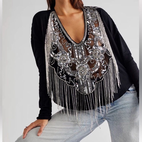 ⚡️SOLD⚡️Free People Mesh Sequin Beaded Fringe Black Long Sleeve Top - Picture 15 of 15